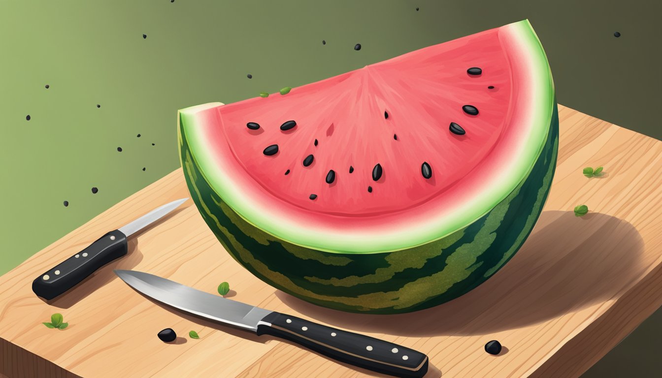 A ripe watermelon with a vibrant green rind, juicy pink flesh, and scattered black seeds, sits on a wooden cutting board with a knife beside it