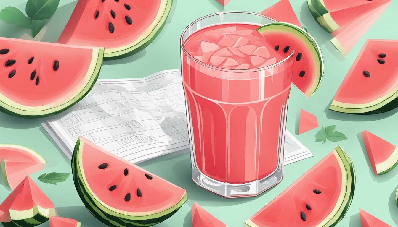 A glass of watermelon juice surrounded by fresh watermelon slices and a nutritional chart