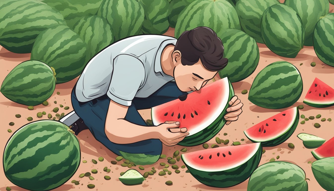 A person cutting and eating a juicy watermelon, with seeds scattered on the ground