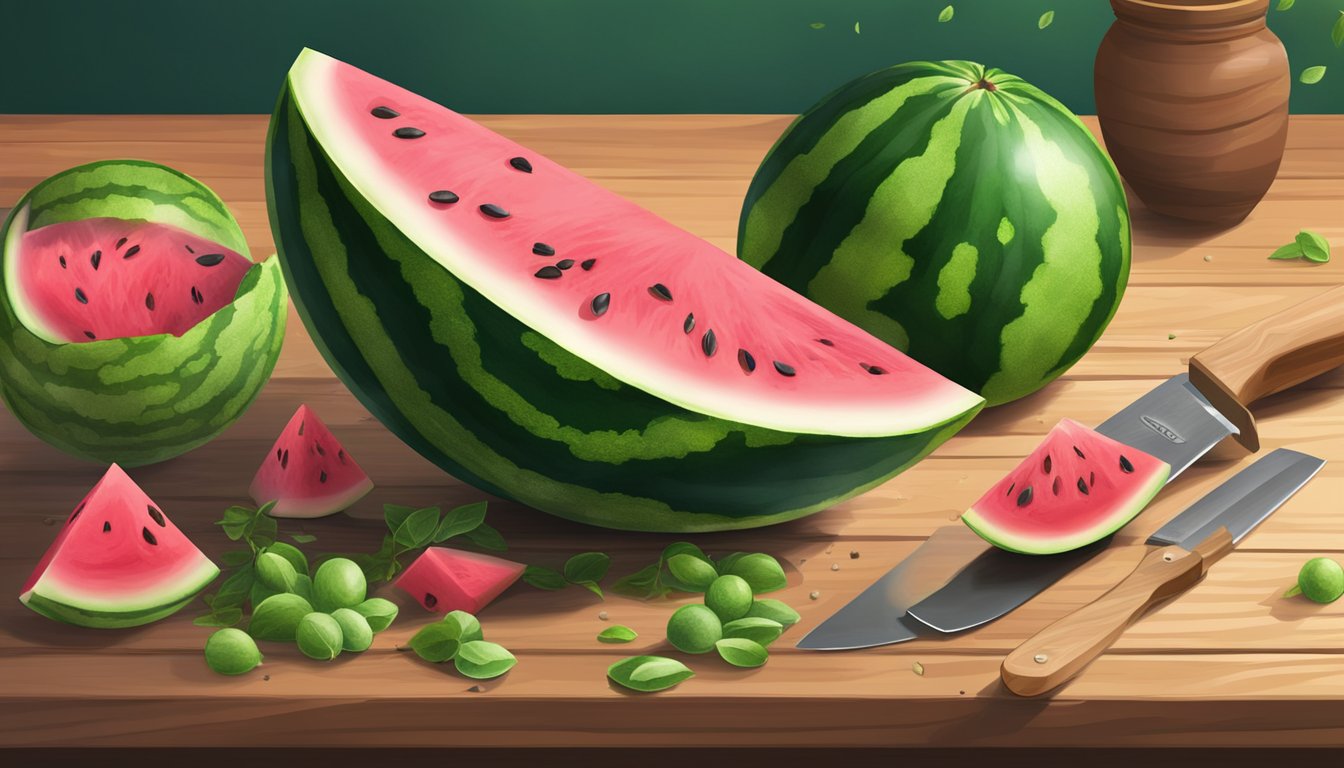 A ripe watermelon sits on a wooden table, surrounded by scattered seeds and a knife. Its vibrant green rind contrasts with the juicy pink flesh inside