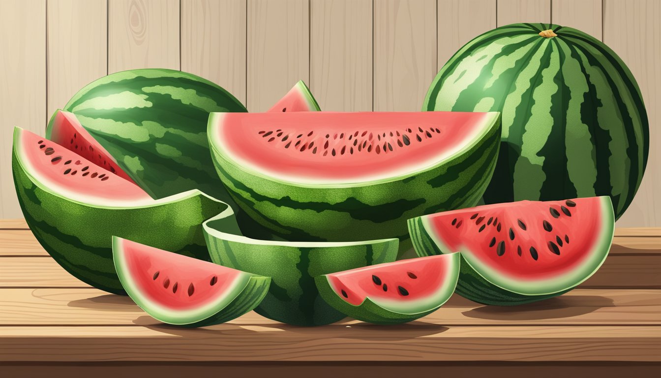 A selection of ripe watermelons displayed on a wooden table, with a few cut open to show the red flesh and seeds inside