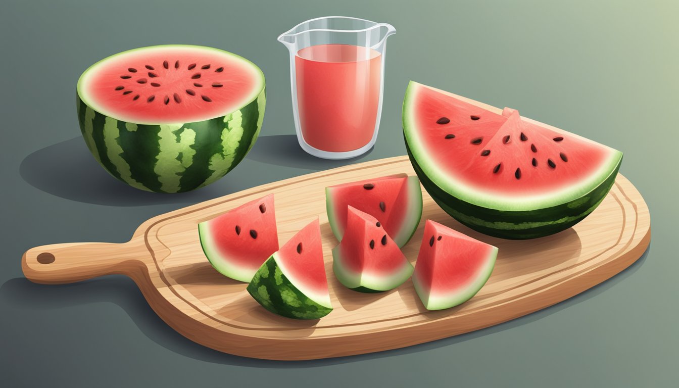 A ripe watermelon sliced on a wooden cutting board, with a measuring cup filled with diced watermelon next to it