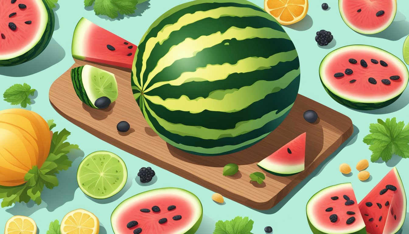 A watermelon sliced open with seeds scattered on a cutting board, surrounded by various fruits and vegetables