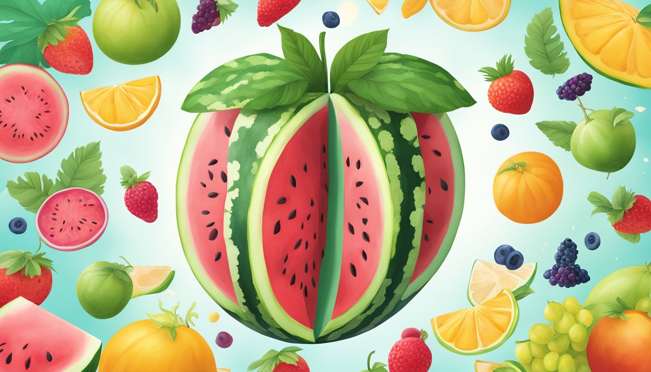 A watermelon slice surrounded by colorful fruits, with a brain in the background, symbolizing the role of watermelon in chronic disease prevention and brain health