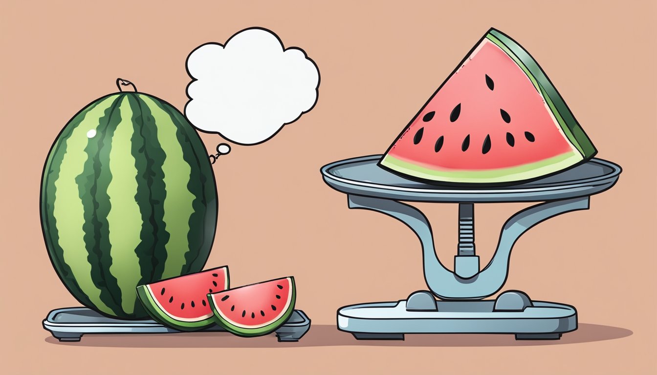 A watermelon sitting on a scale with a thought bubble showing a healthy brain