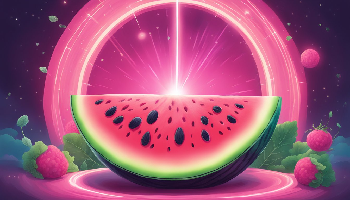 A watermelon being sliced open, revealing its vibrant pink flesh and seeds, with a glowing brain hovering above it, surrounded by a halo of light