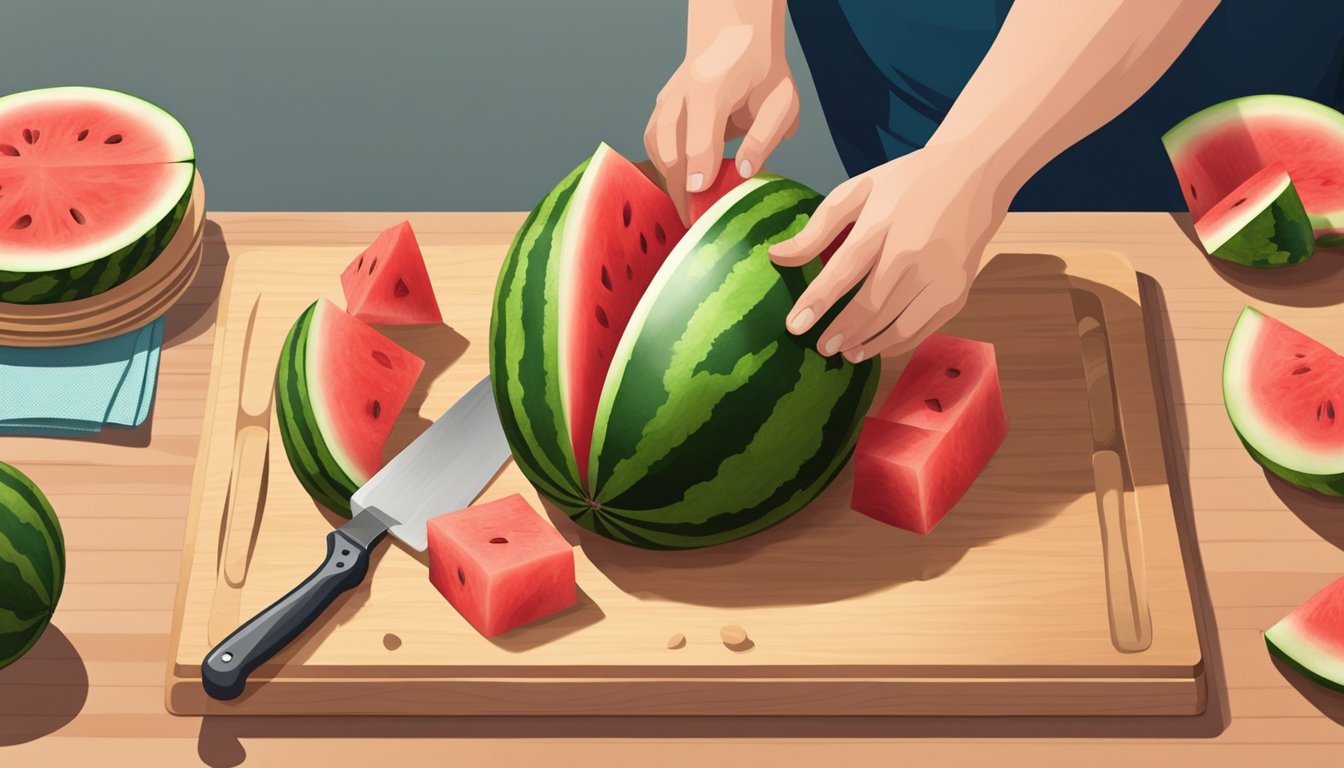 A person cutting a large watermelon into small, equal-sized pieces on a wooden cutting board, with several slices already arranged on a plate