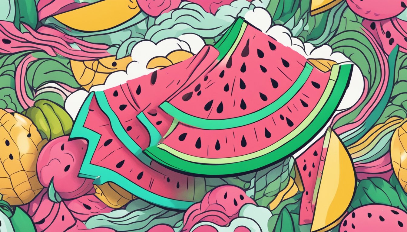 A watermelon slice surrounded by swirling, colorful brain waves