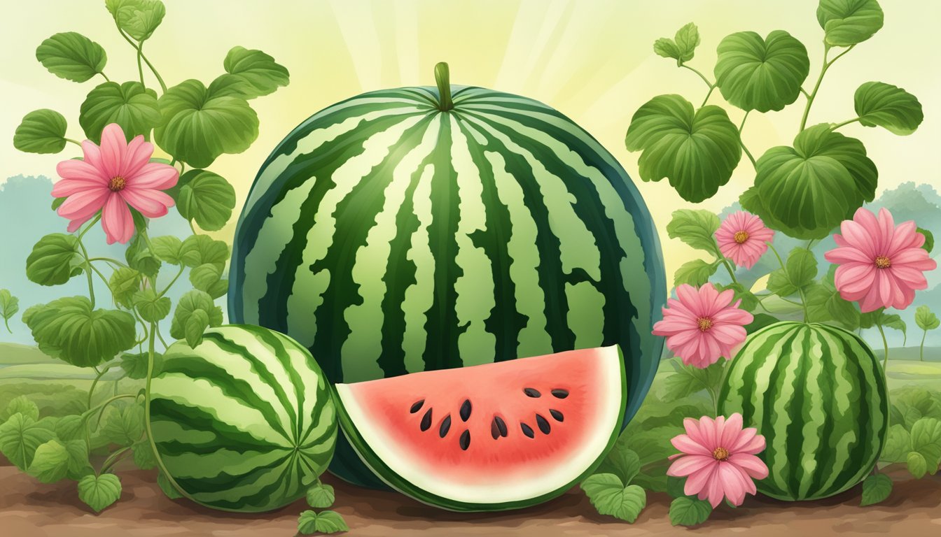 A watermelon plant with vines, flowers, and developing fruit in a sunny field