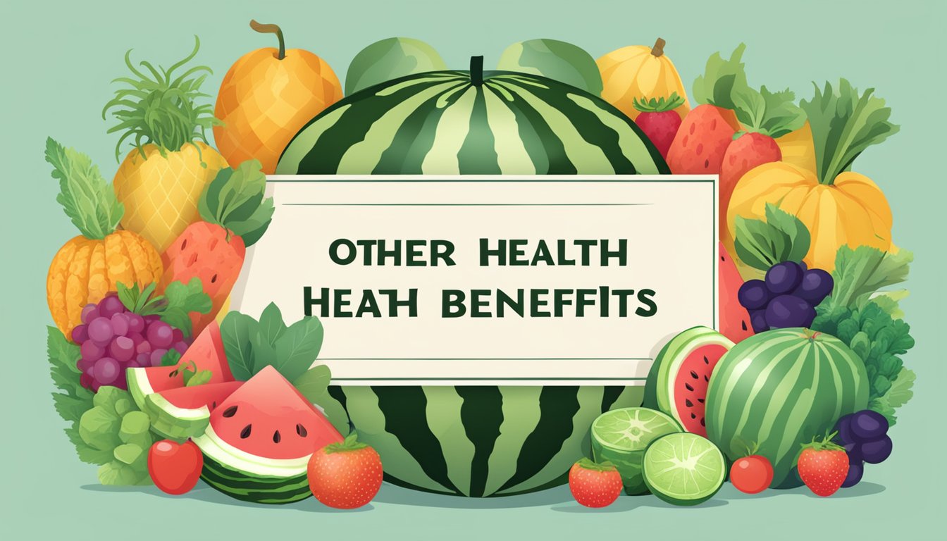 A watermelon surrounded by various fruits and vegetables, with a banner reading "Other Health Benefits" above it