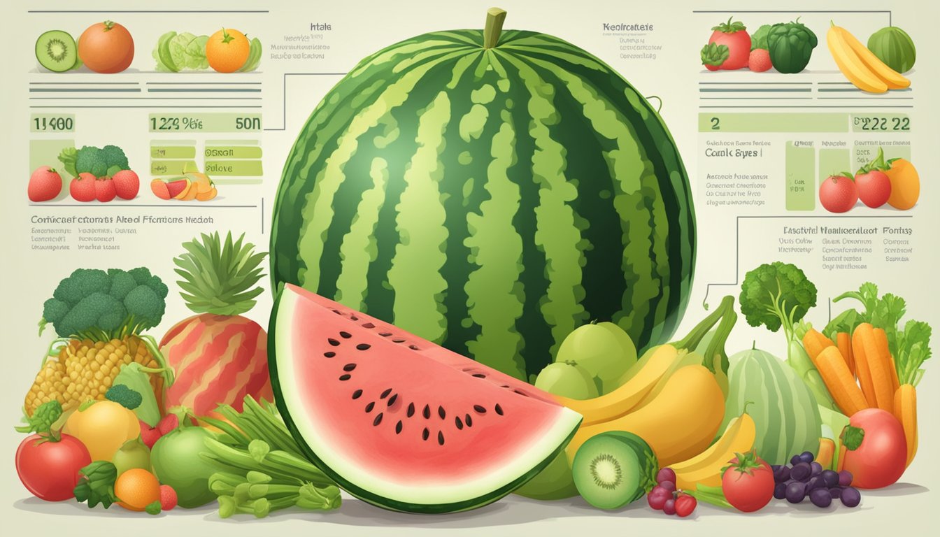 A whole watermelon surrounded by various fruits and vegetables, with a nutrition label showing its low calorie and fat content