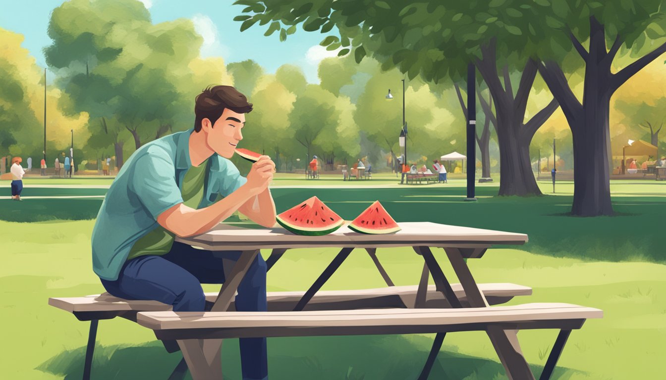 A man enjoying a refreshing slice of watermelon while sitting at a picnic table in a sunny park