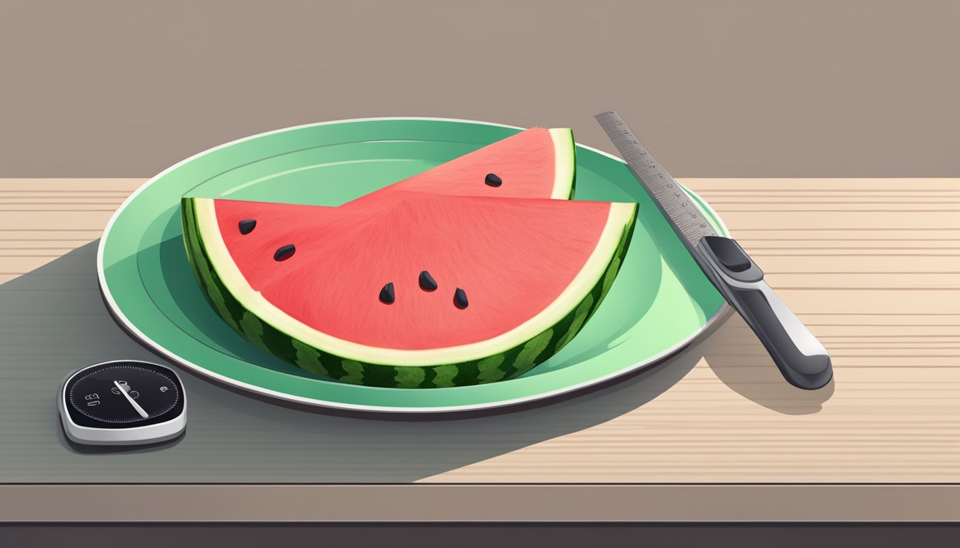 A slice of watermelon on a plate with a measuring scale beside it showing 300 calories