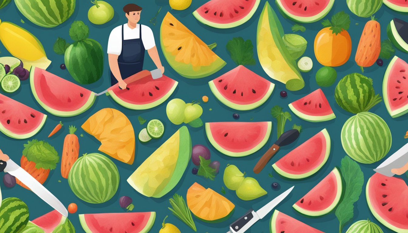 A man slicing a watermelon with a knife, surrounded by various fruits and vegetables