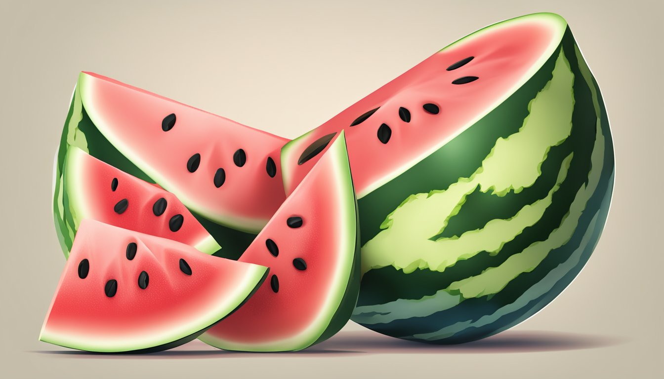 A watermelon sliced into cubes, with a measuring scale showing 300 calories