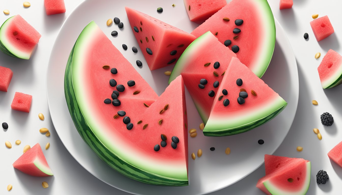 A juicy watermelon sliced into cubes, surrounded by a few scattered seeds, on a clean white plate