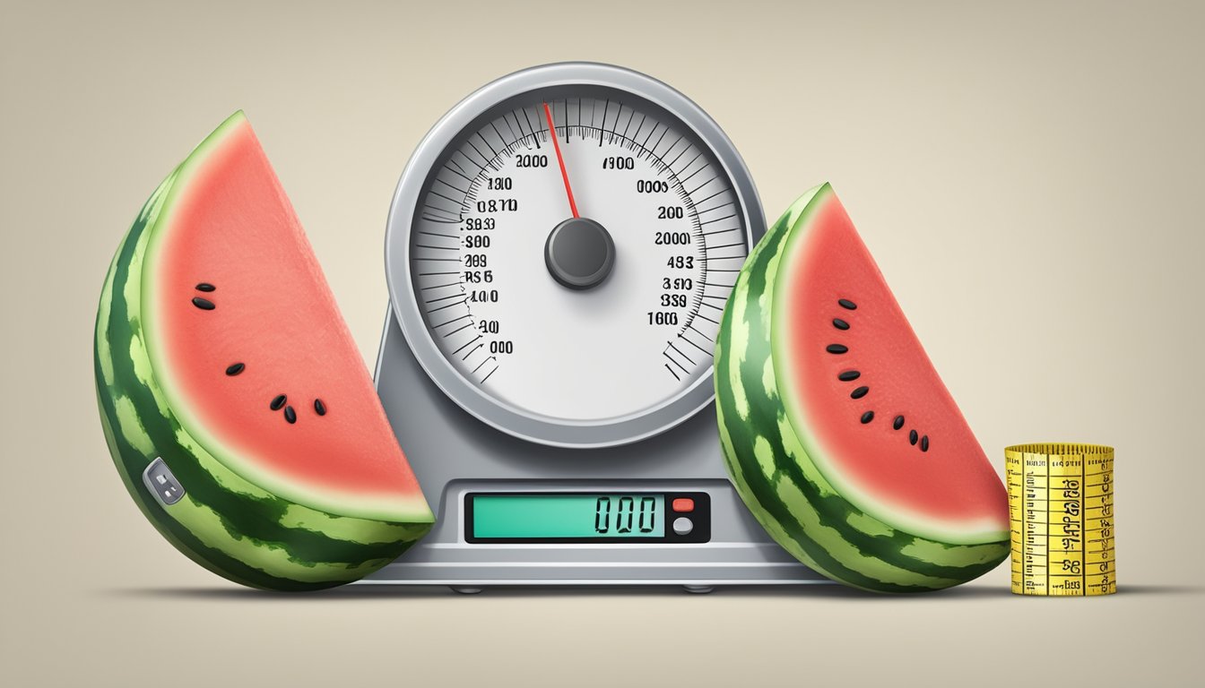 A watermelon slice on a scale, surrounded by measuring tape and a nutrition label