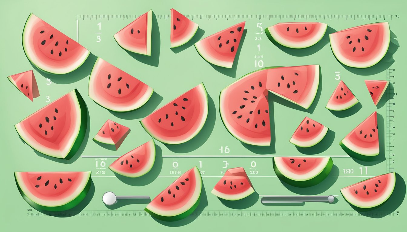 A sliced watermelon with a measuring scale showing 300 calories worth