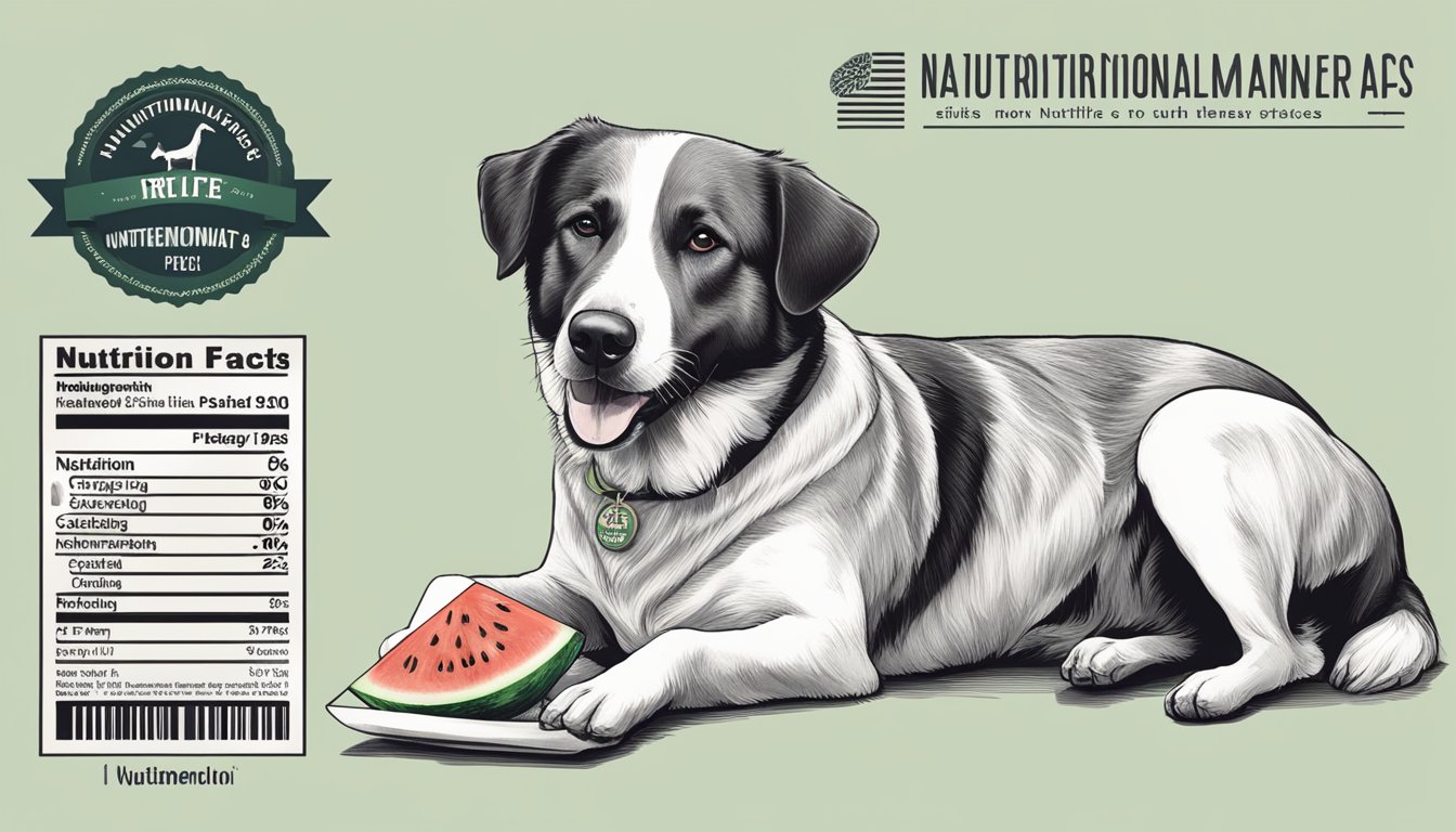 A dog happily munches on a slice of watermelon, while a nutrition label with the words "Watermelon" and "Nutritional Profile" is displayed next to it