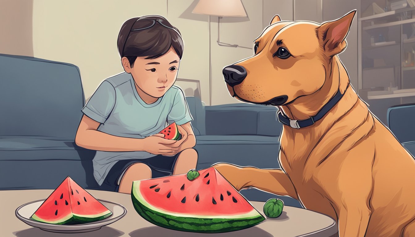 A dog eagerly eating watermelon, with a cautious owner looking on, ready to intervene if any potential risks arise