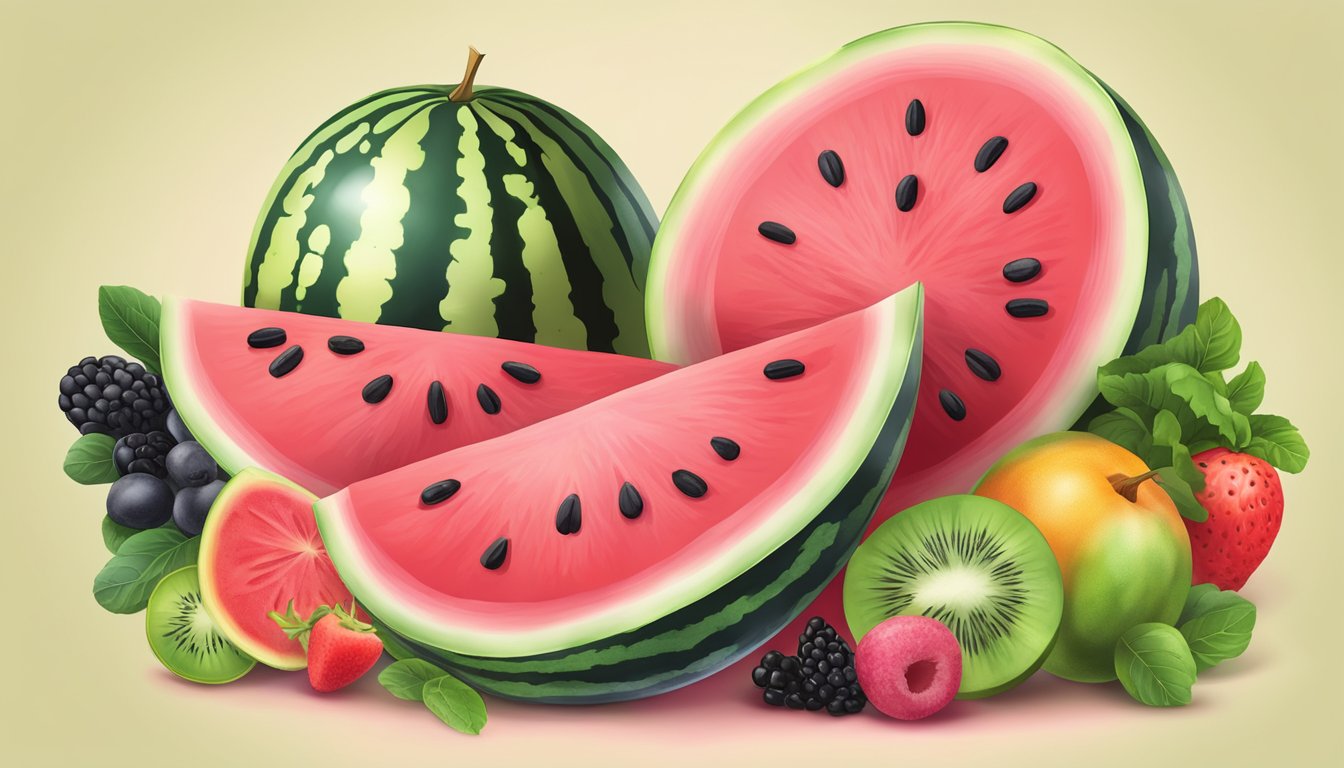 A ripe watermelon sliced open, revealing its vibrant pink flesh and black seeds, surrounded by a variety of fresh fruits and vegetables