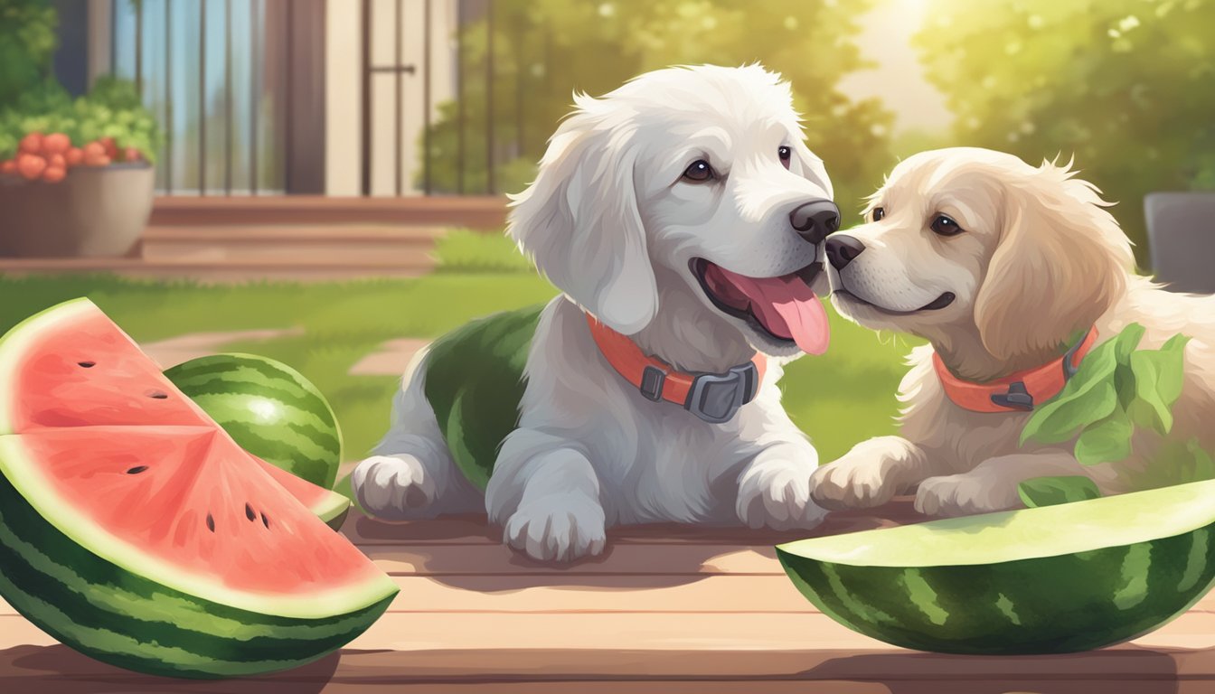 A playful puppy and a gentle senior dog happily munching on slices of watermelon in a sunny backyard