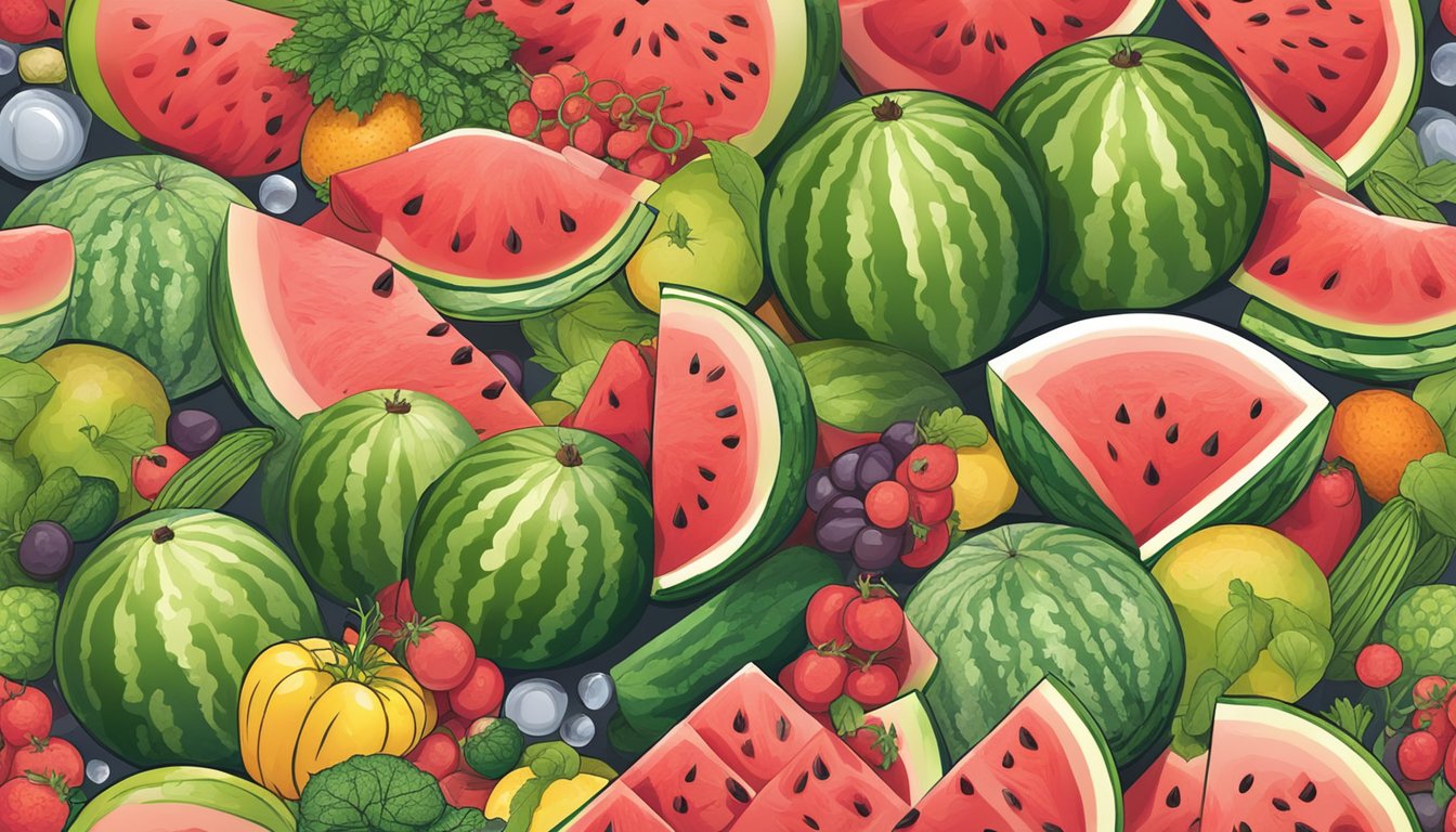 A juicy watermelon surrounded by various fruits and vegetables, with a clear glass of water nearby