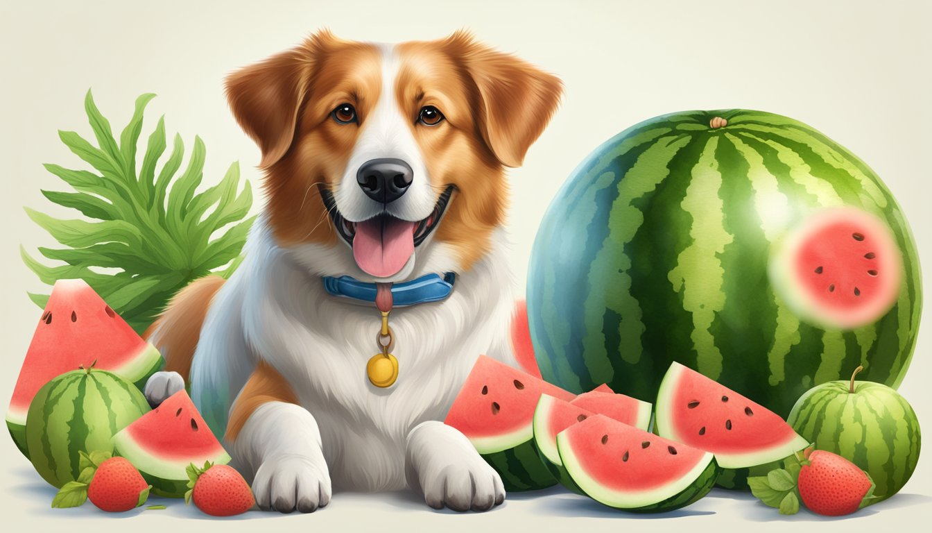 A happy dog sitting beside a watermelon, with a veterinarian's approval stamp and a list of nutritional benefits floating above the fruit