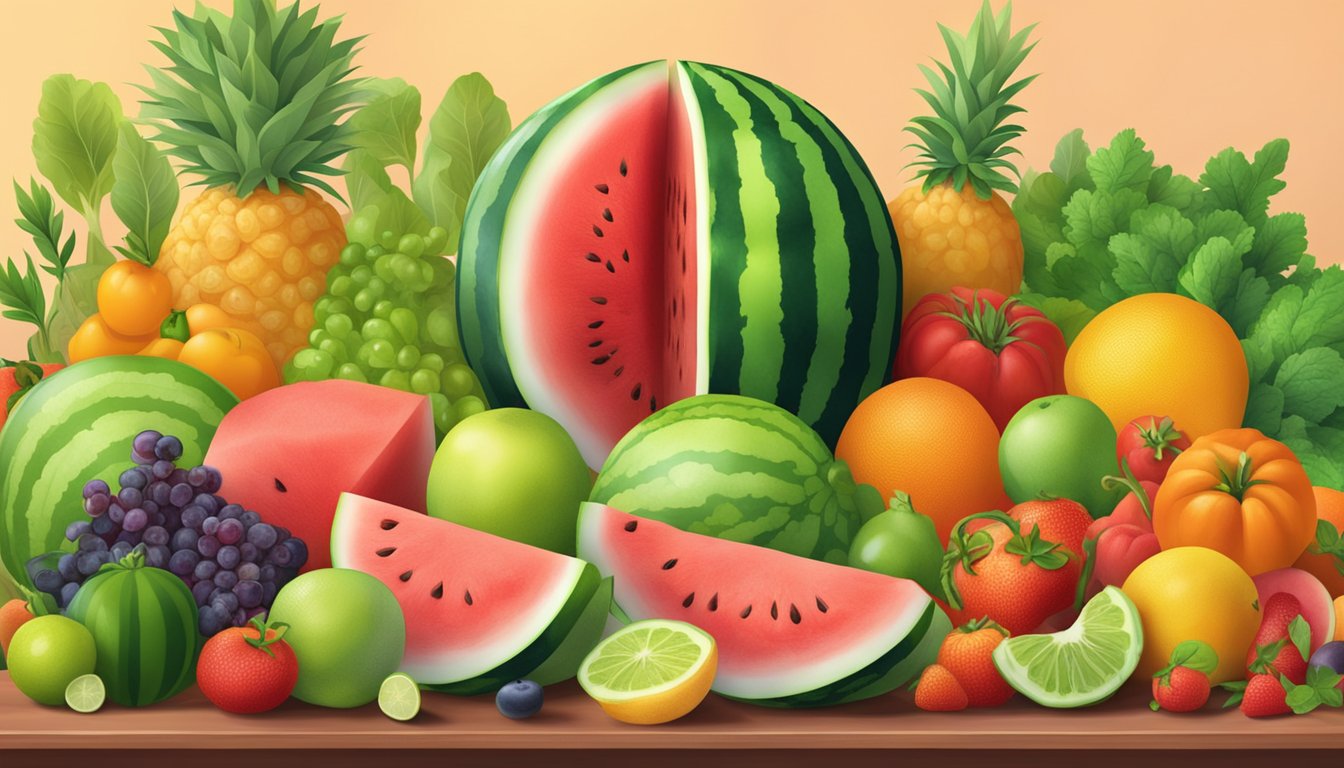 A juicy watermelon surrounded by vibrant fruits and vegetables on a kitchen counter