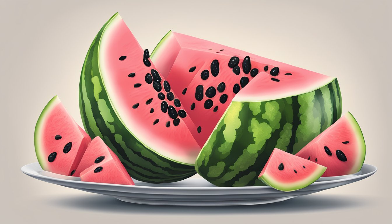 A juicy watermelon sliced open, showcasing its vibrant pink flesh dotted with black seeds, with a few slices arranged neatly on a plate