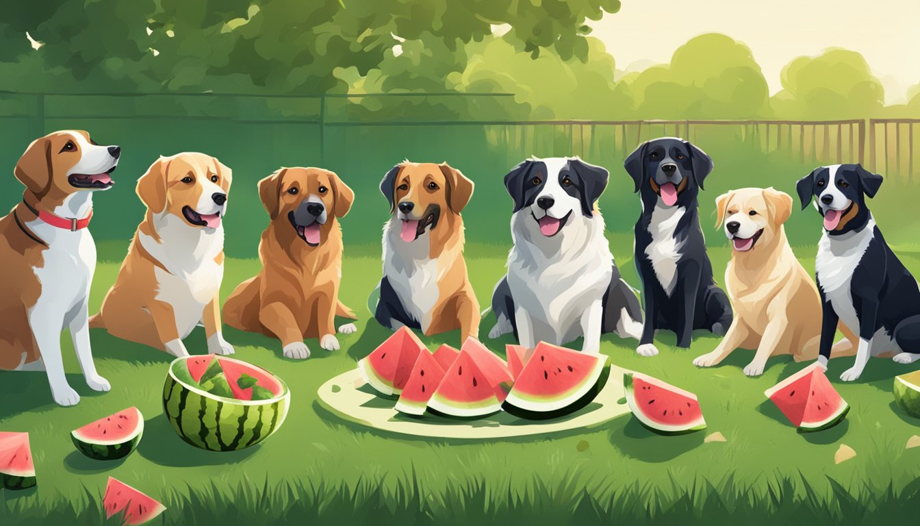 A group of dogs of various breeds and sizes eagerly eating watermelon slices in a grassy backyard