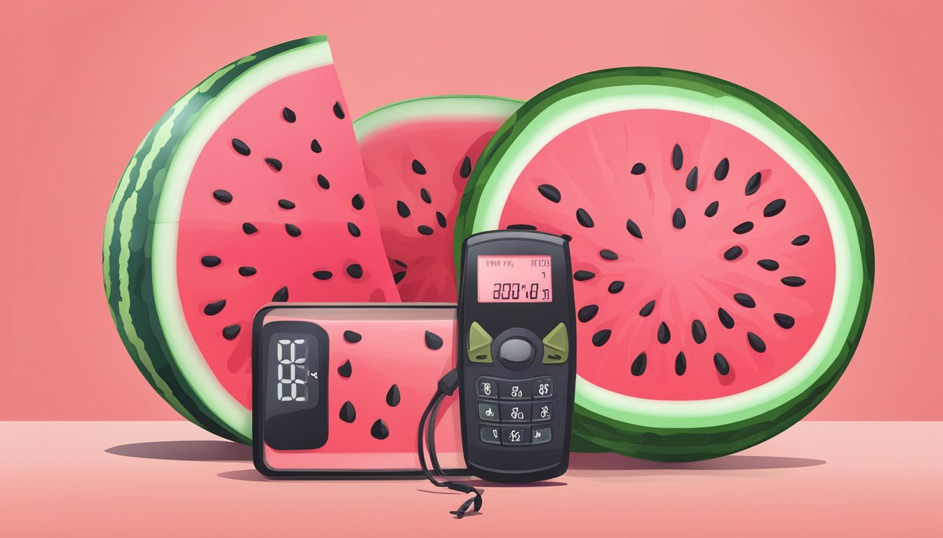 A watermelon sliced open, with its vibrant pink flesh and black seeds on display, surrounded by a measuring tape and blood glucose monitor