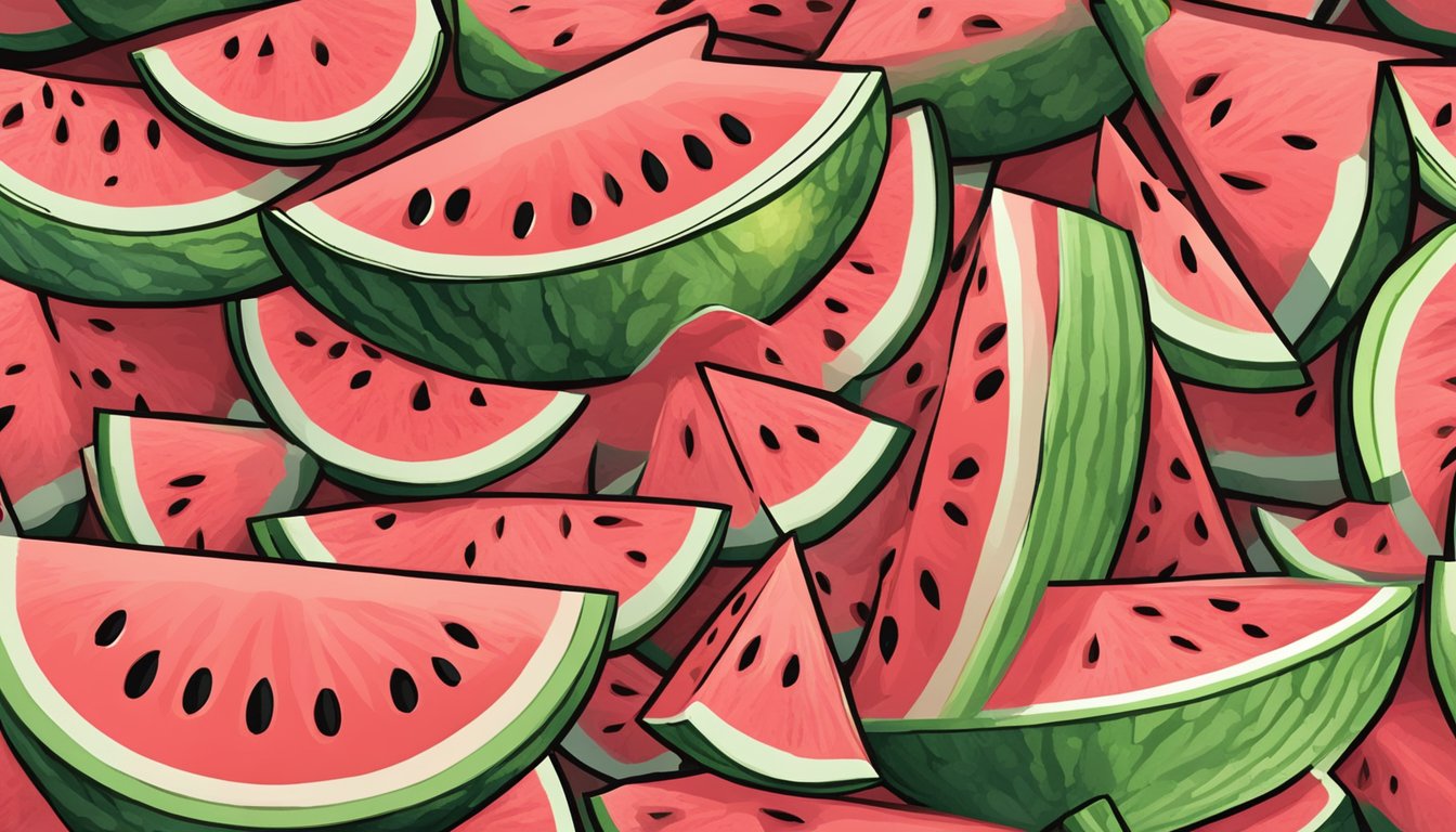 A juicy watermelon sliced on a wooden cutting board with seeds scattered around