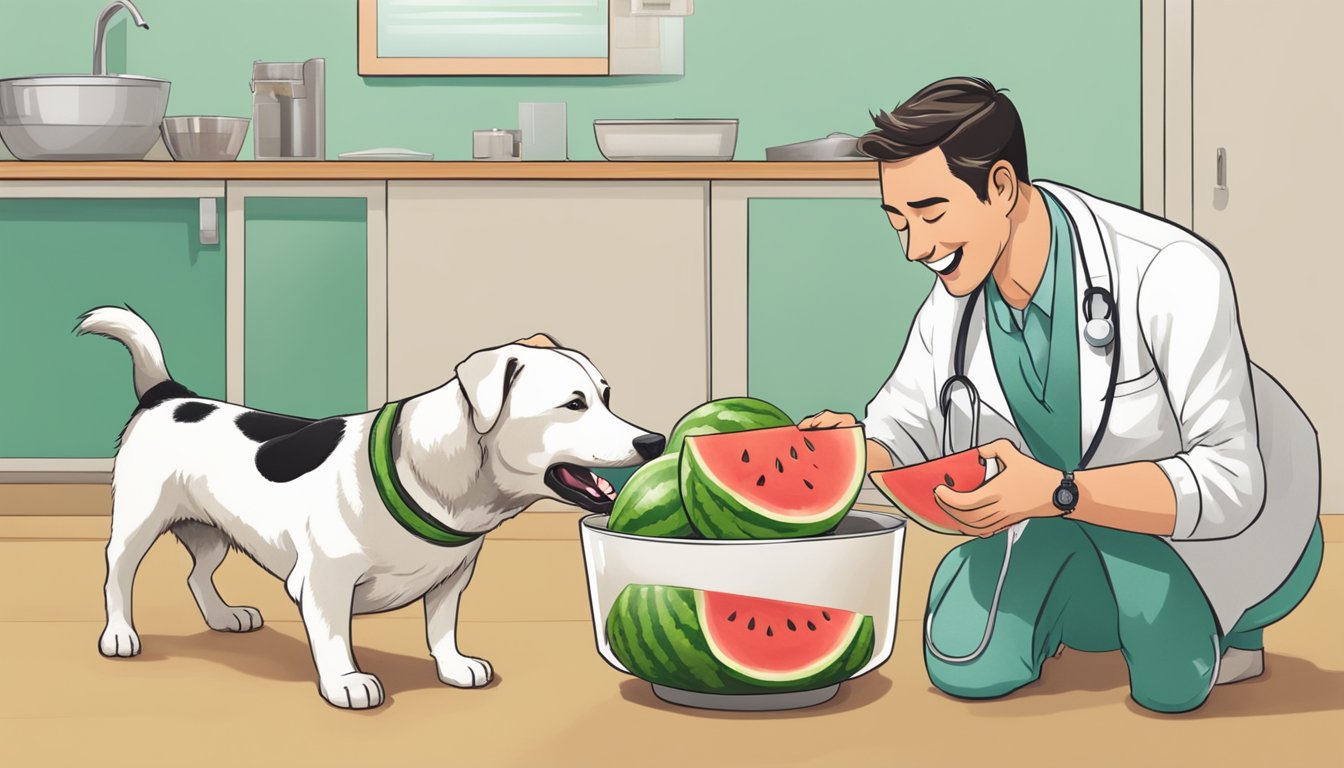 A happy dog eagerly eats watermelon chunks from a bowl, while a veterinarian looks on approvingly