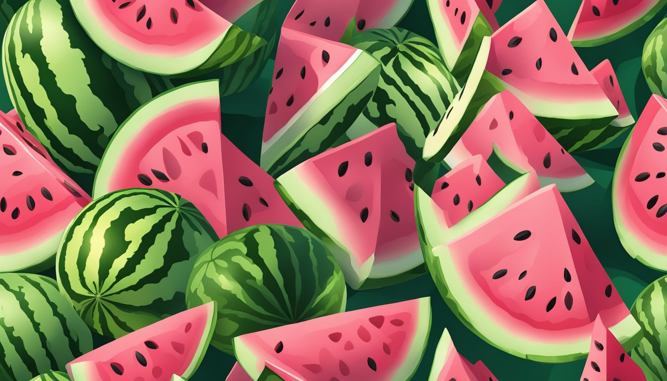 A juicy watermelon sliced open, revealing its vibrant pink flesh and seeds, surrounded by vibrant green rind