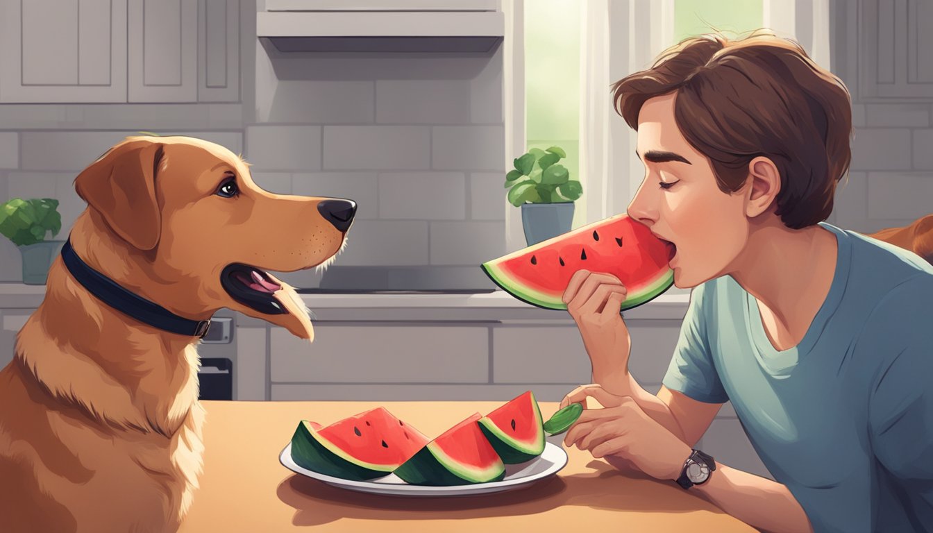 A dog eagerly eats a slice of watermelon, while a concerned owner looks on