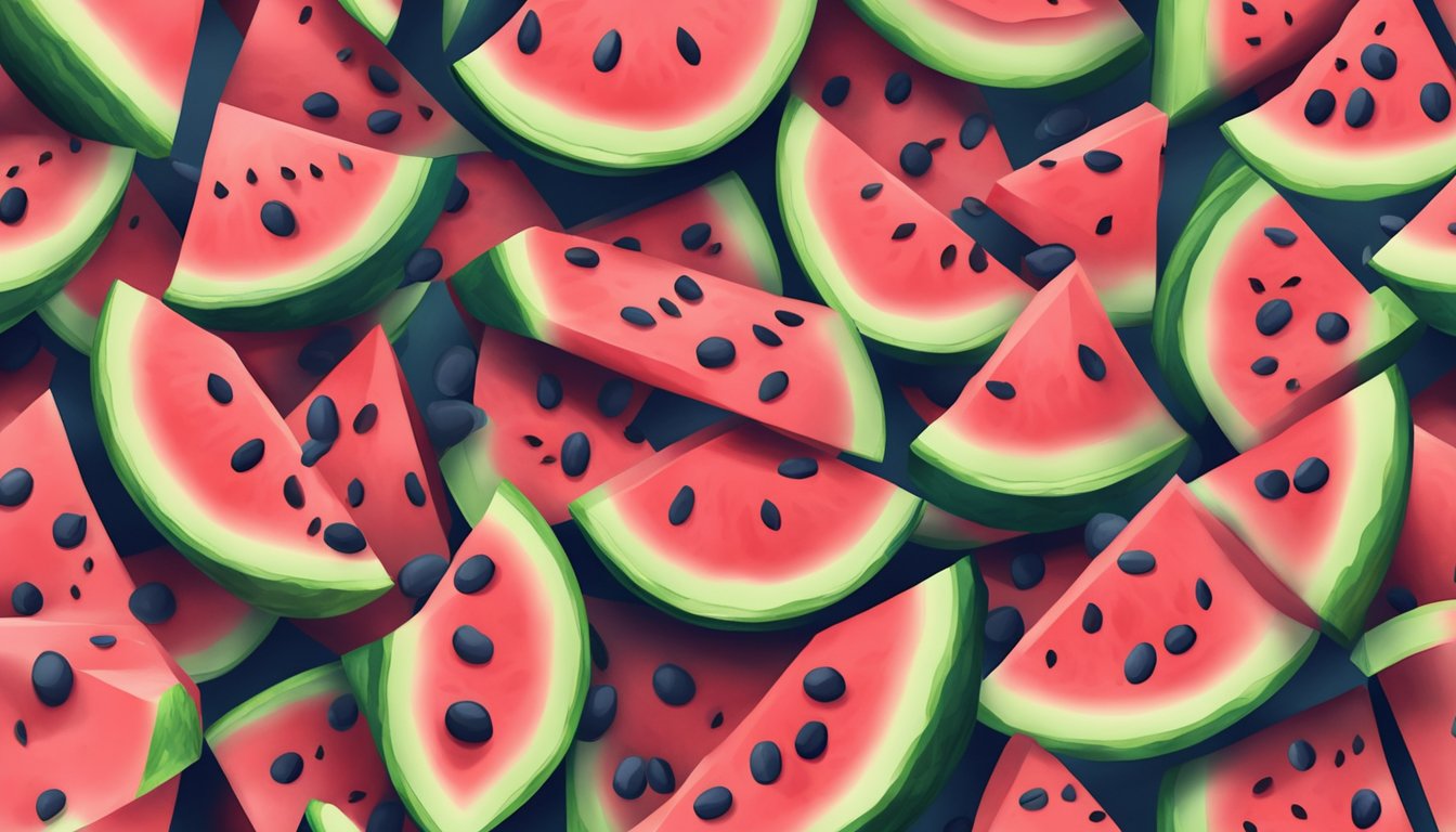 A juicy watermelon sliced into wedges, with seeds scattered on a plate