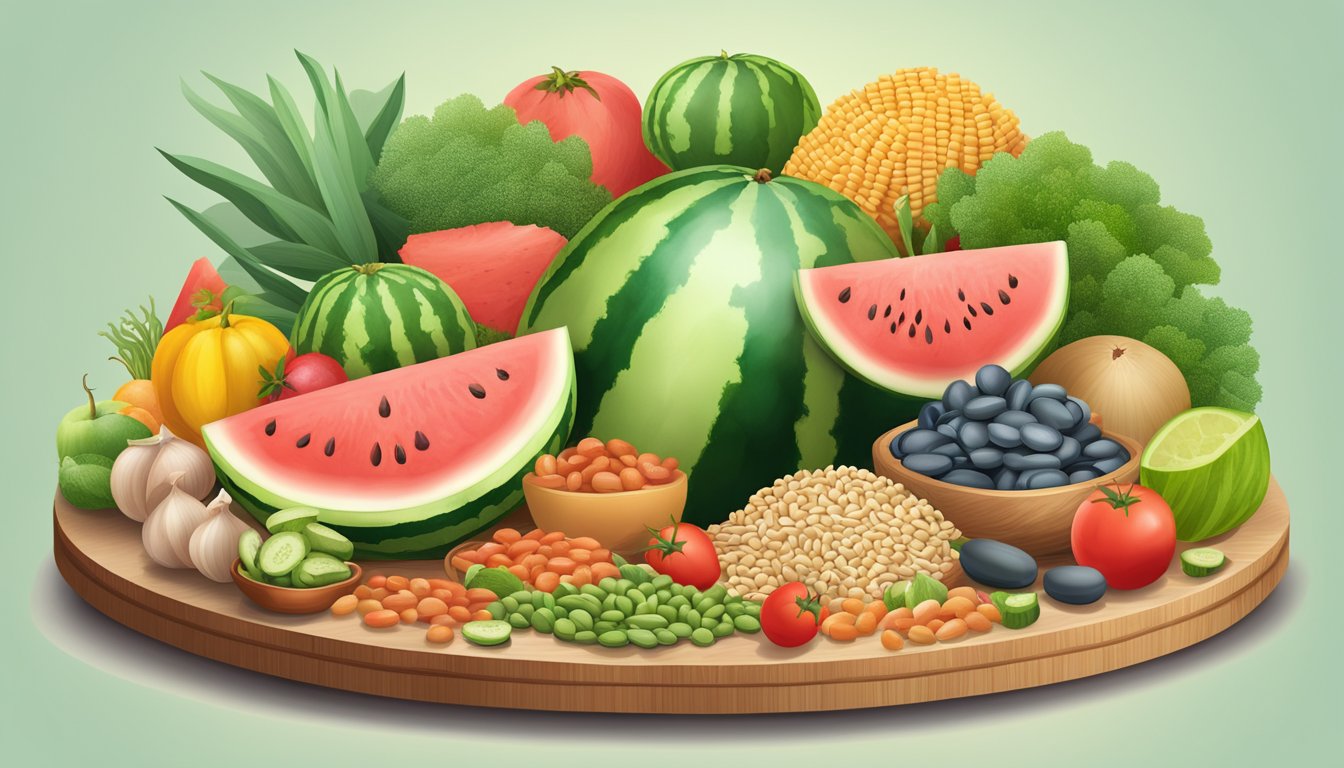 A slice of watermelon surrounded by a variety of high-fiber foods like beans, whole grains, and vegetables