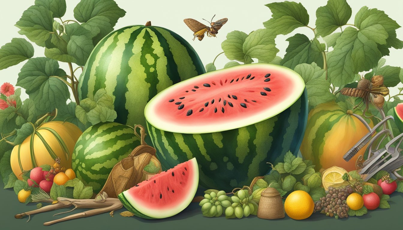 A sprawling watermelon vine with ripe fruit, surrounded by ancient agricultural tools and a diverse array of pollinators