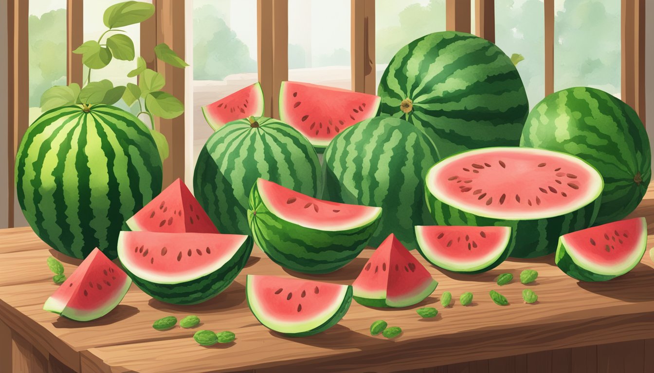 A variety of watermelons displayed on a wooden table, with seeds and slices scattered around. A sign with the question "Is watermelon a berry?" hangs above the display