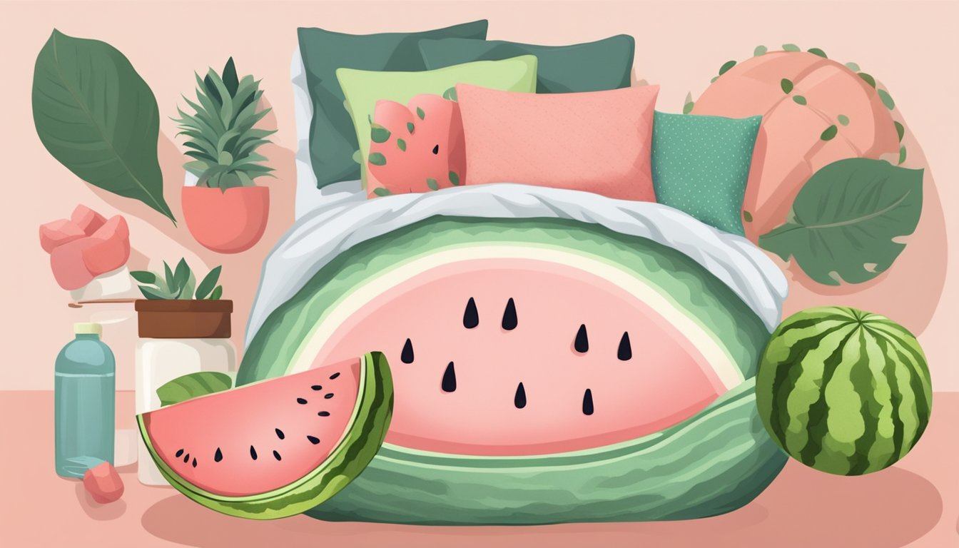 A watermelon surrounded by items for common pregnancy discomforts, such as pillows and heating pads, on a cozy bed