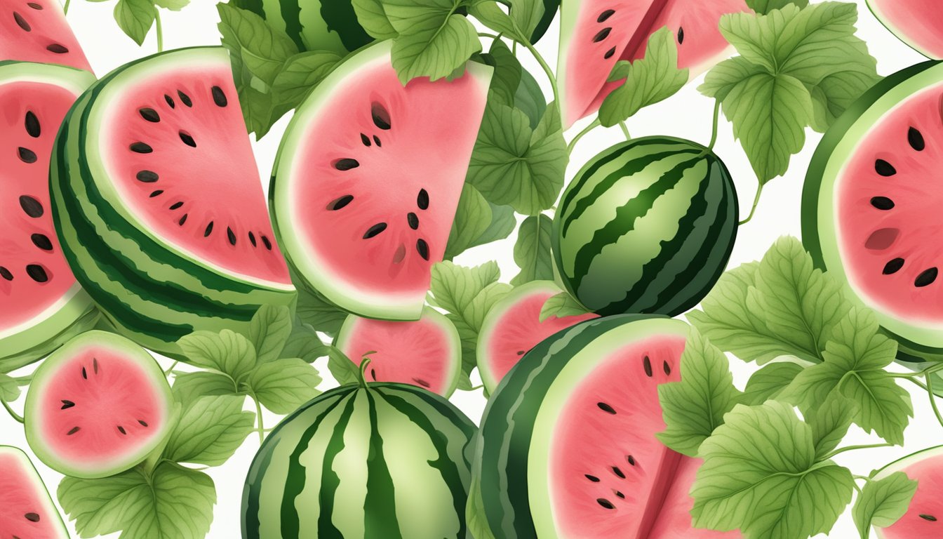 A watermelon plant with vines, leaves, and flowers. A close-up of a watermelon fruit with its distinct green-striped rind and juicy pink flesh