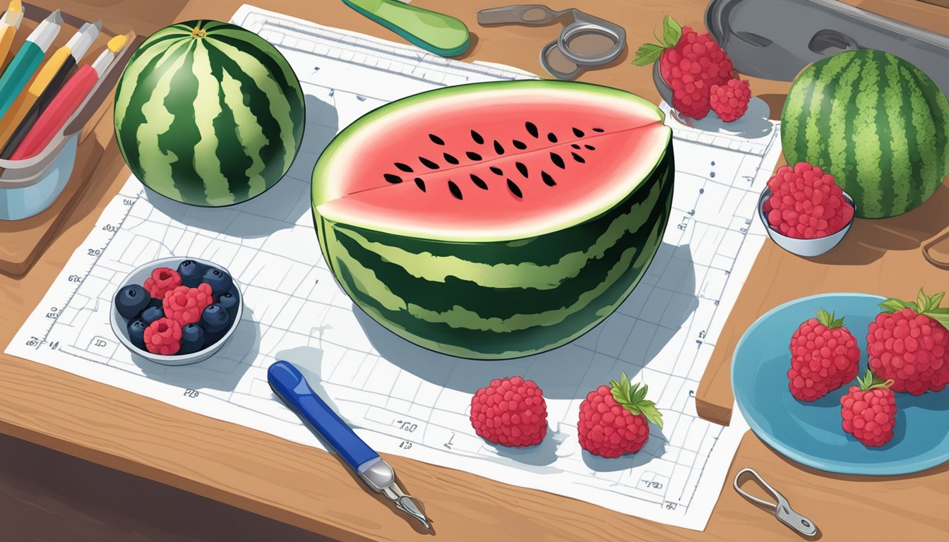 A watermelon, blueberry, and raspberry sit on a table, surrounded by measuring tools and a chart comparing their size, shape, and color