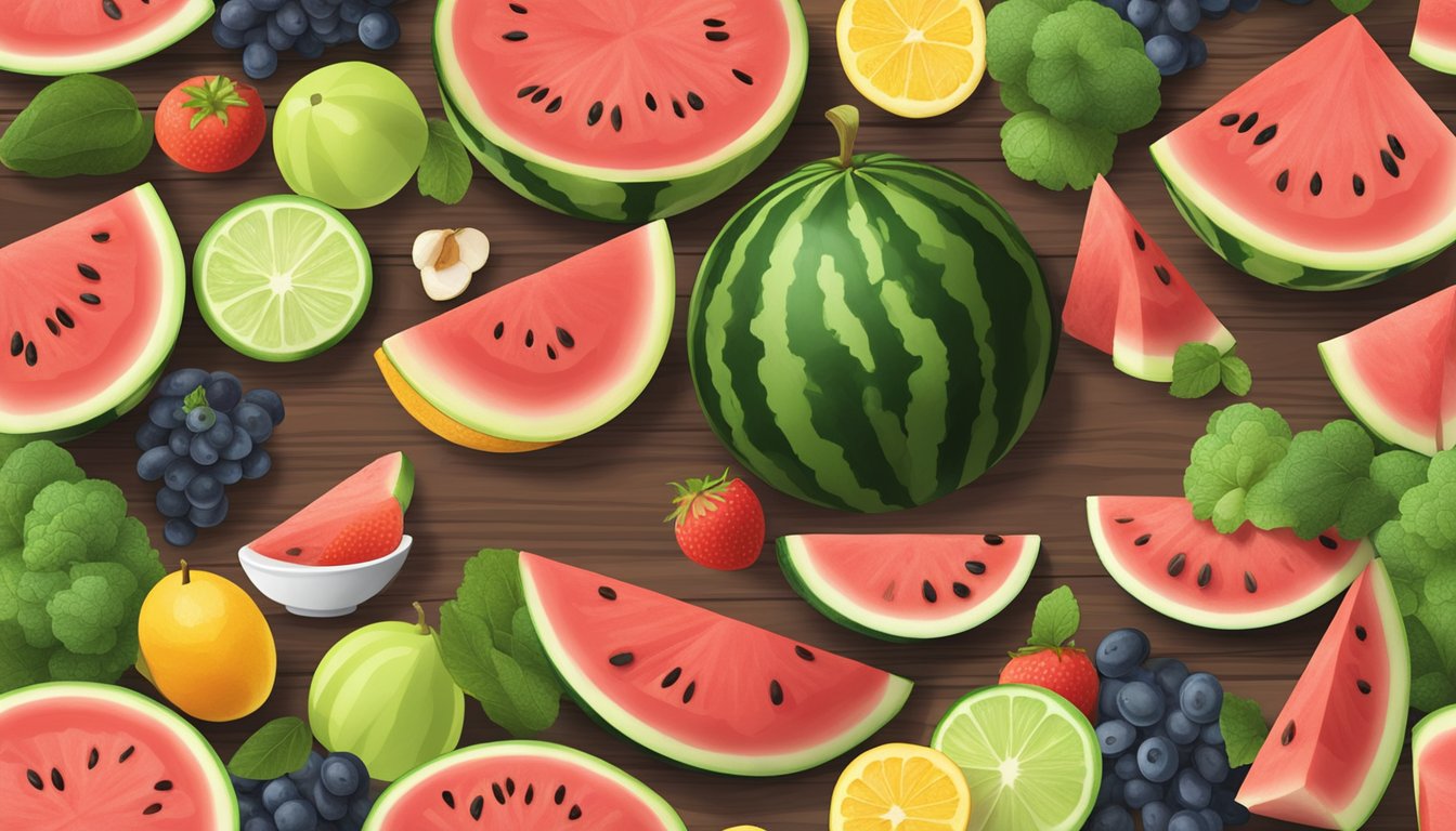 A sliced watermelon surrounded by various keto-friendly fruits and vegetables on a wooden cutting board