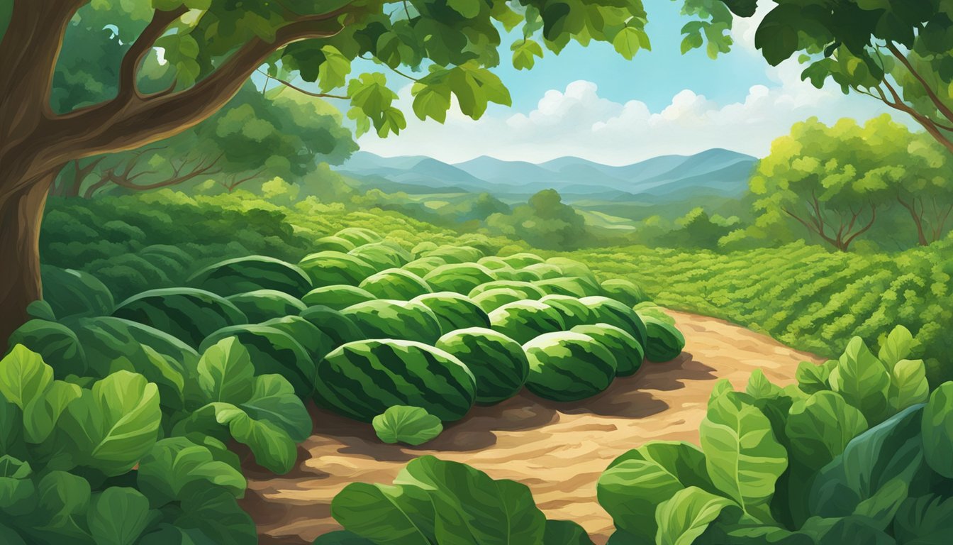 A lush, wild landscape with watermelon vines snaking through the underbrush, their vibrant green leaves contrasting against the rich earth and dappled sunlight