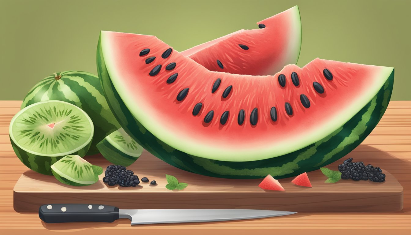 A ripe watermelon being sliced open, with juicy red fruit and seeds spilling out onto a cutting board