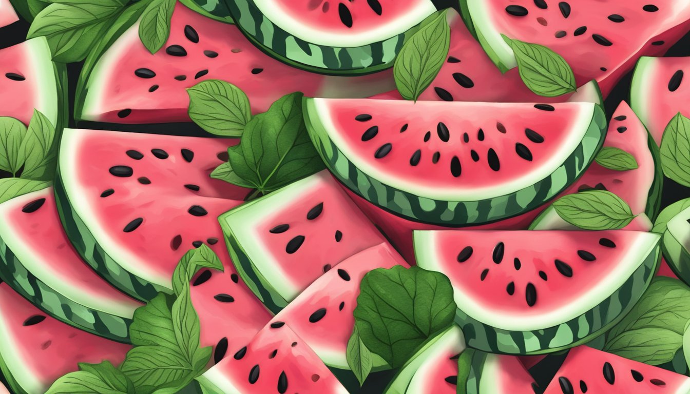 A ripe watermelon sliced open, revealing its vibrant pink flesh and black seeds, surrounded by a scattering of green leaves and vines