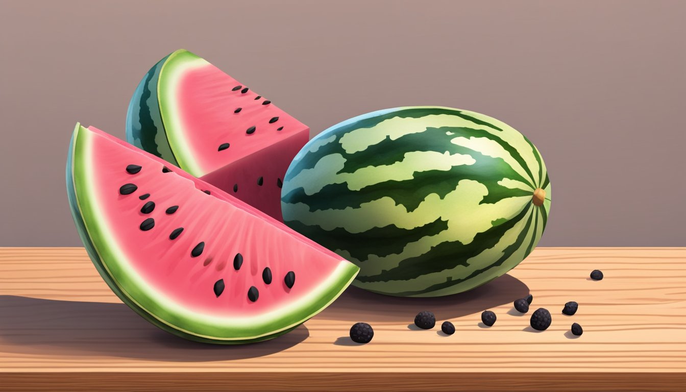 A ripe watermelon sits on a wooden table, cut open to reveal its vibrant pink flesh dotted with black seeds. The sweet aroma of the fruit fills the air