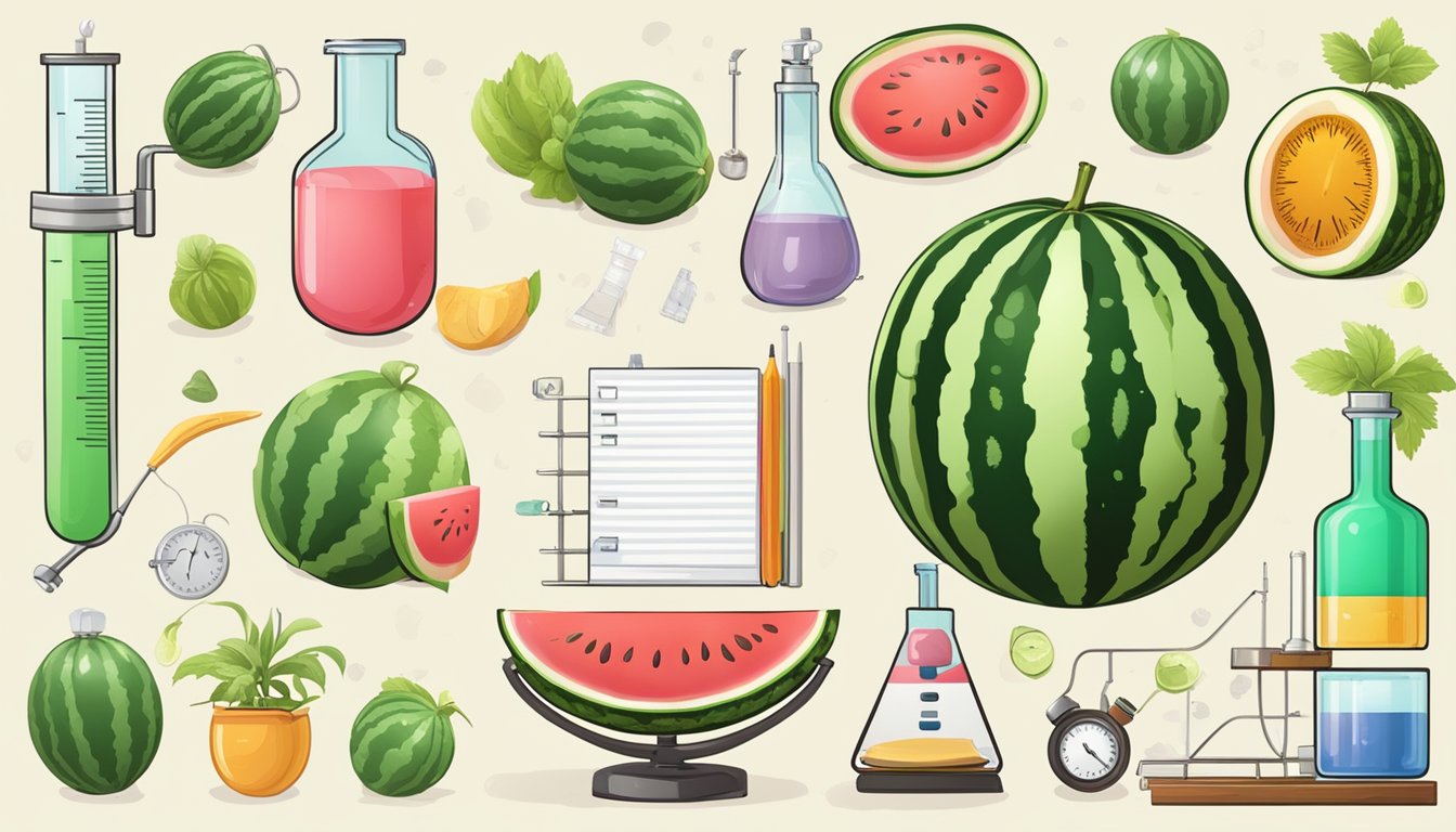 A watermelon with a pH scale and litmus paper, surrounded by scientific instruments and textbooks on acidity