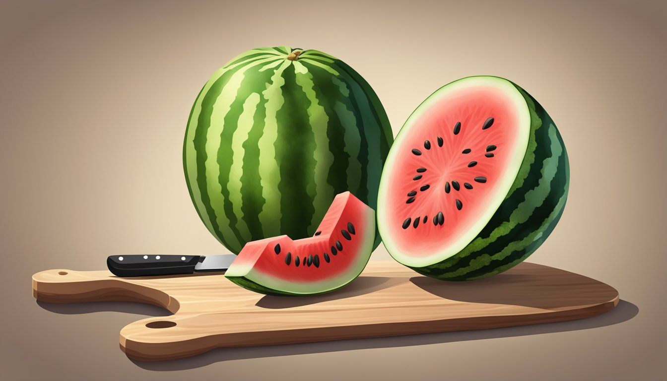 A sliced watermelon on a cutting board with a knife and seeds scattered around